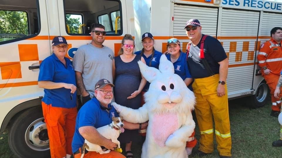 L-R (back row) Tracey White, Jayden Cross, Samantha White, Rachael White, Vanessa White, Murray Cross | L-R (front row) Jenny Cross (as bunny) Anthony White and Storm the dog | photo taken Good Friday, 2021