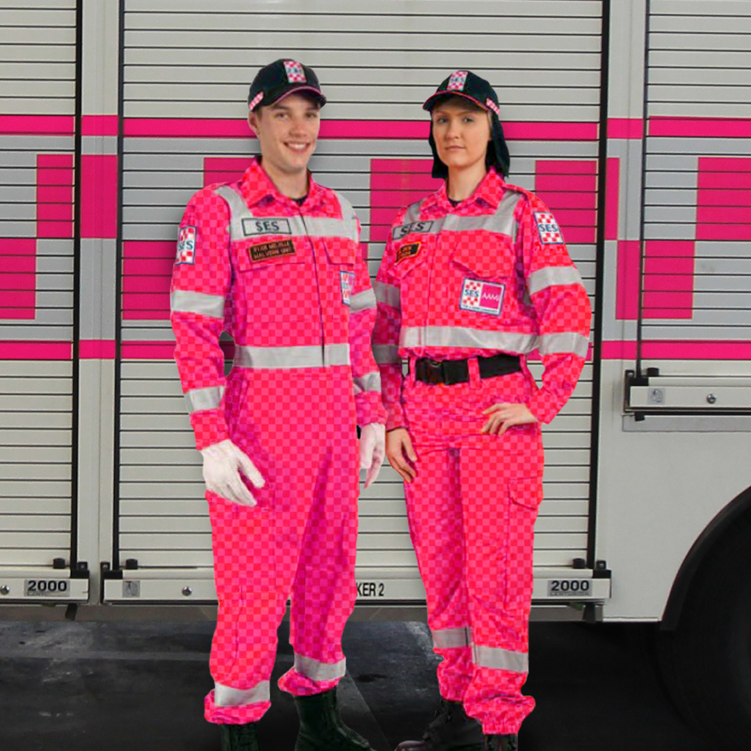 Two volunteers male and female wearing SES uniforms in hot pink with a check design